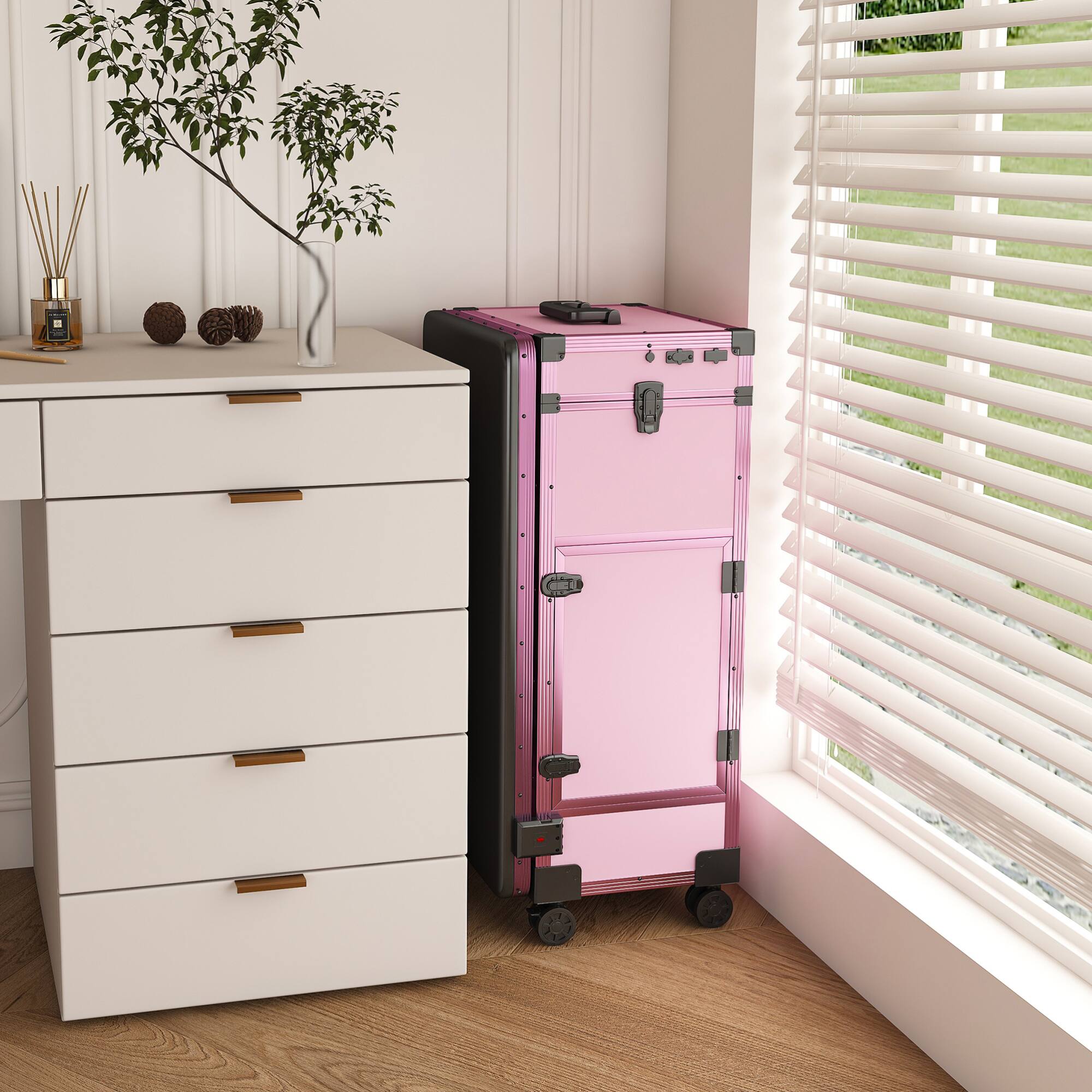Alt View 7. GOODSILO - Professional Folding Nail Art Table with LED Mirror Bluetooth Speaker Lockable Drawers Telescopic Pole Salon Station - Pink.