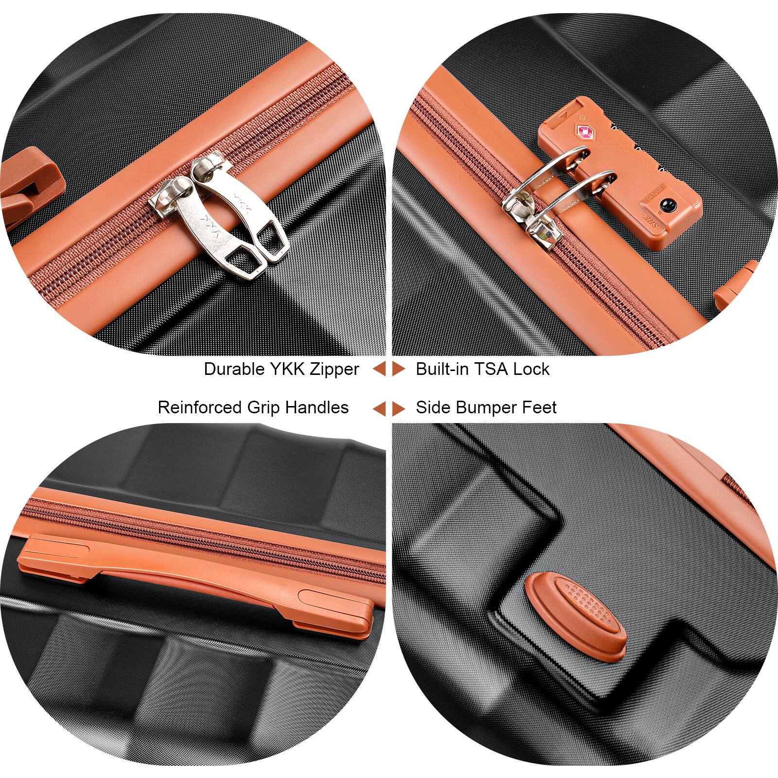 1. Durable YKK Zipper
2. Built-in TSA Lock
3. Reinforced Grip Handles
4. Side Bumper Feet