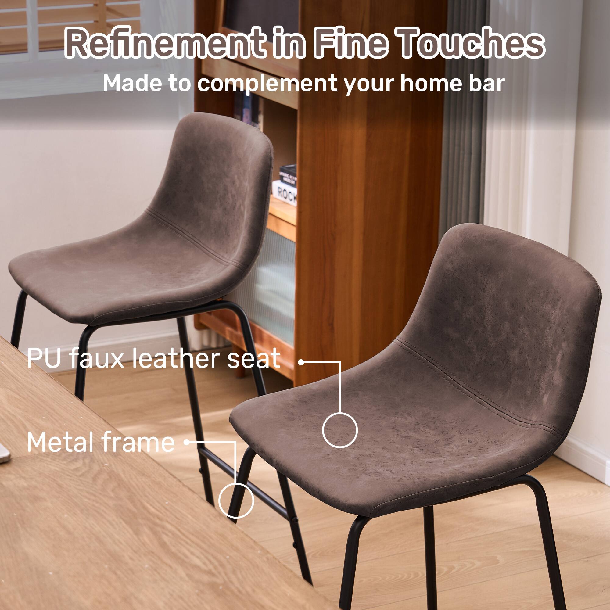 Refinement in Fine Touches Made to complement your home bar PU faux leather seat Metal frame