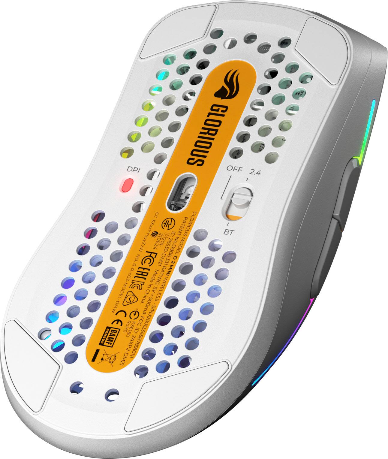 Glorious GD-1000 DPI Wireless Gaming Mouse with RGB Lighting, 3200 DPI, 400 IPS, 4.8g Weight, 100% PTFE Feet, 100% Satisfaction Guarantee, Model DM21, Serial Number FC C:26530-DM21, Made in China.