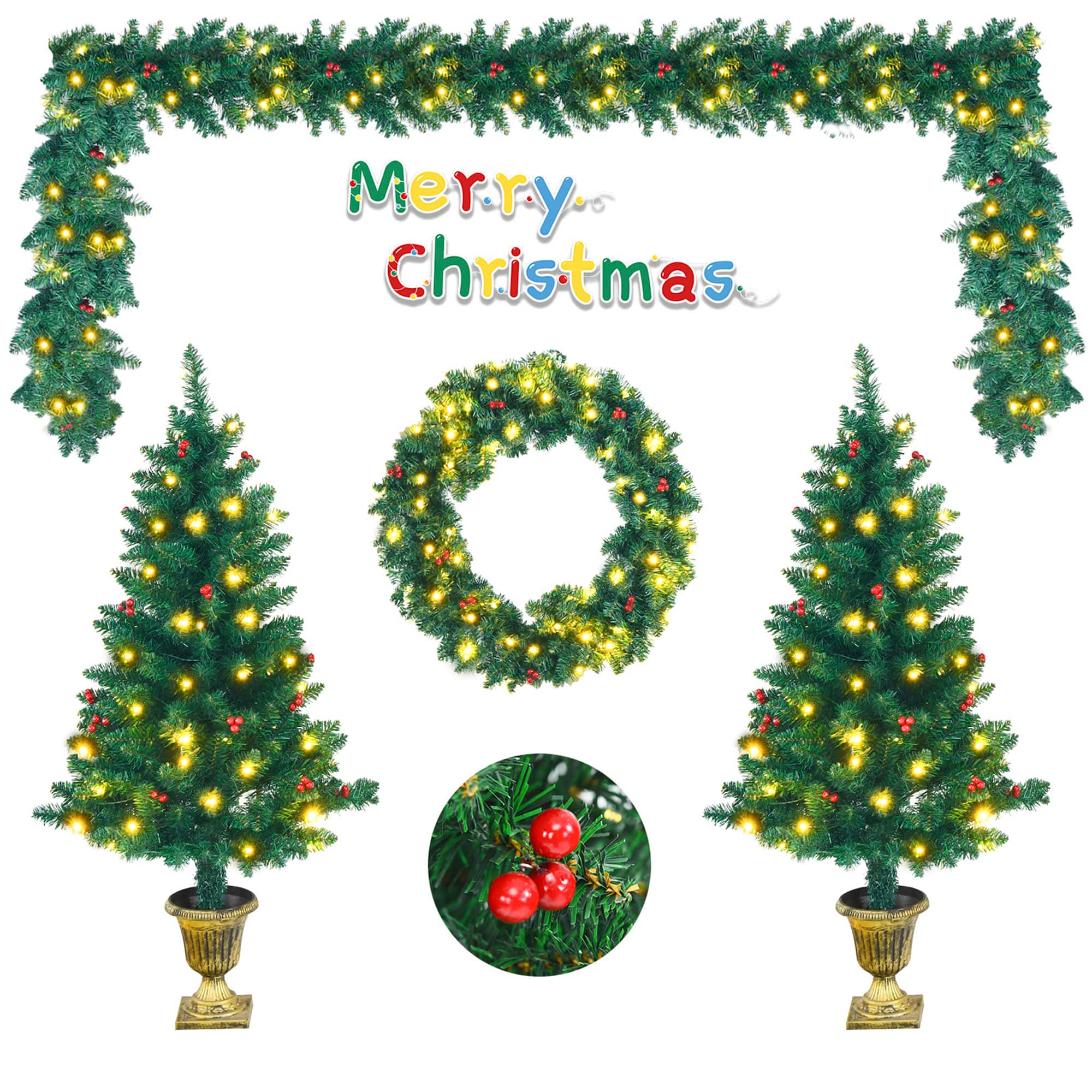Gymax - 4PCS Pre-Lit Artificial Christmas Decoration Set Holiday Decor w/ LED Lights - Green