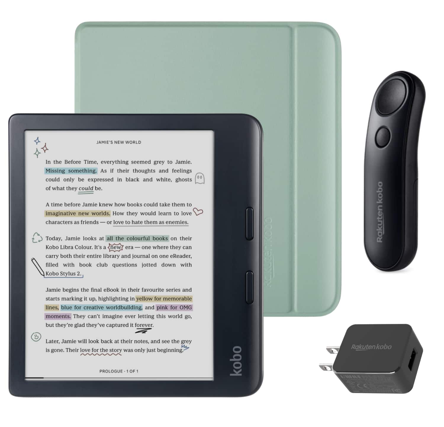 Kobo - Libra Colour (Black) eReader with Black Remote & AC Bundle - 2024 - Garden Green Basic SleepCover