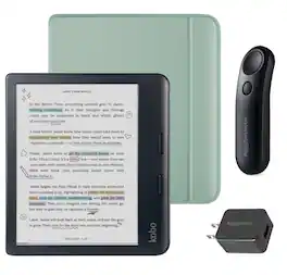 Kobo - Libra Colour (Black) eReader with Black Remote & AC Bundle - 2024 - Garden Green Basic SleepCover