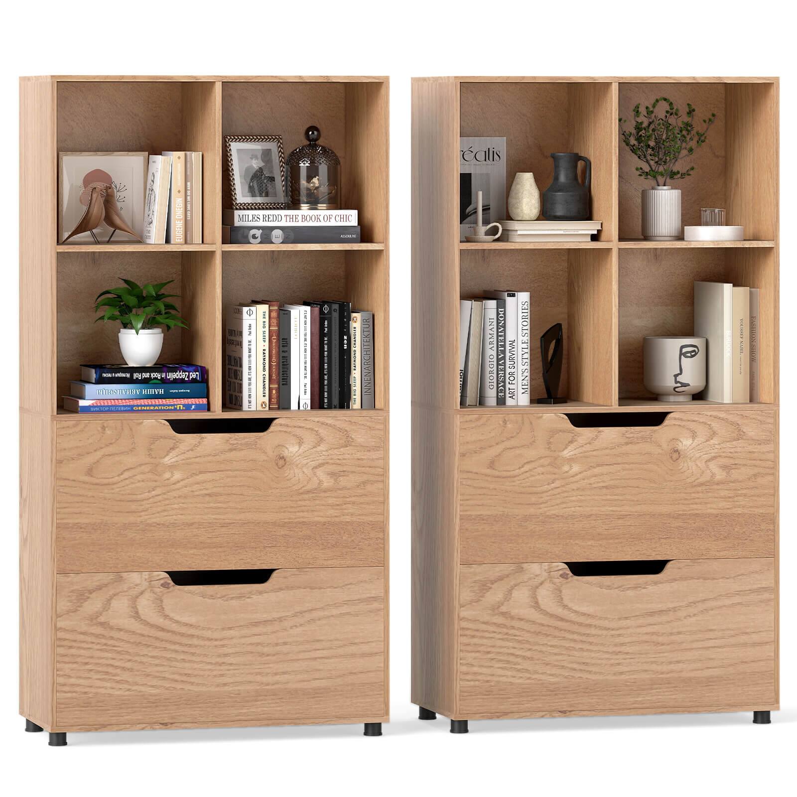 Costway - 2PCS 4-Cube Bookcase with 2 Drawers, 5-Tier Tall Freestanding Bookshelf for Study - Natural