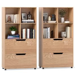 Costway - 2PCS 4-Cube Bookcase with 2 Drawers, 5-Tier Tall Freestanding Bookshelf for Study - Natural
