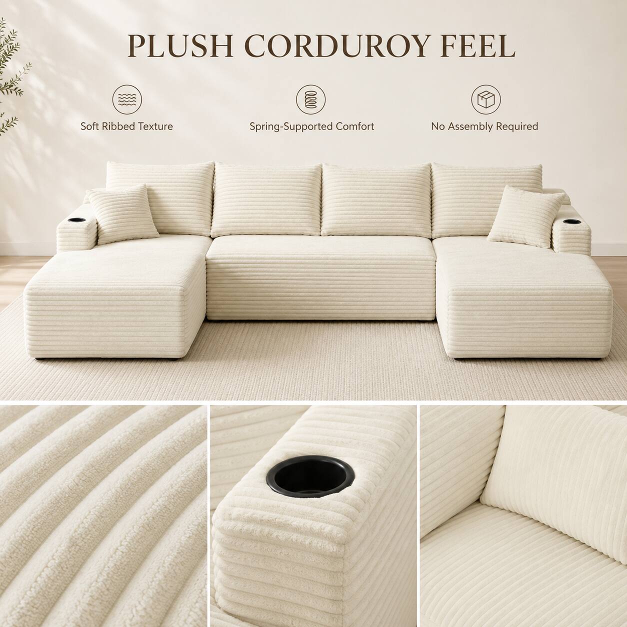 PLUSH CORDUROY FEEL  
Soft Ribbed Texture  
Spring-Supported Comfort  
No Assembly Required