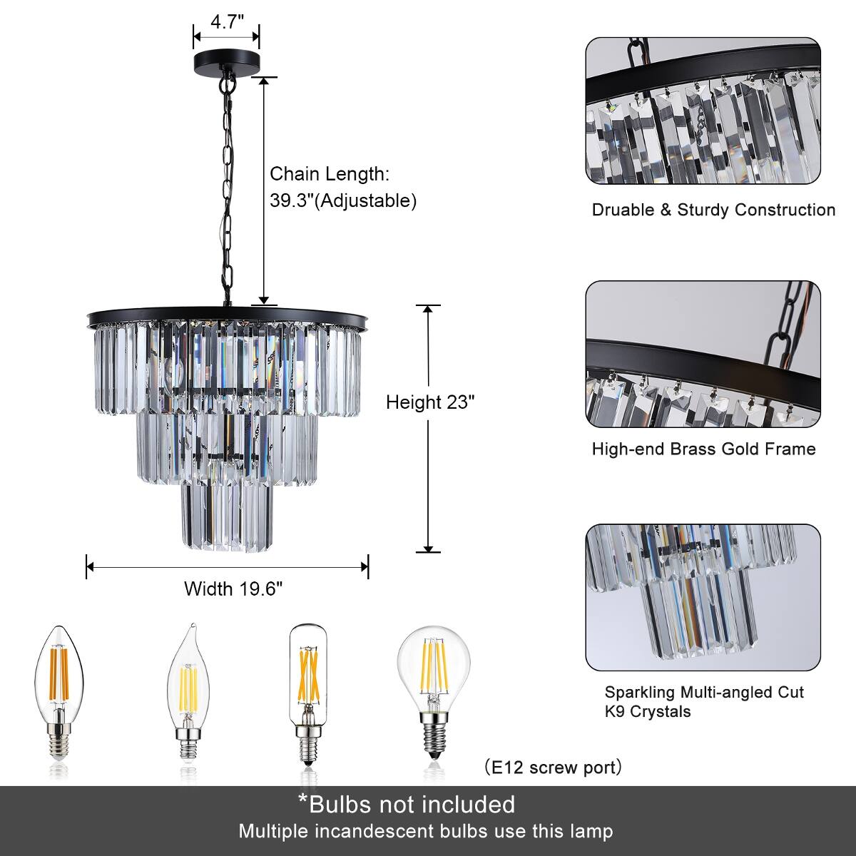 Loheer 7 Light Crystal Chandelier, Three Tier Black Iron Frame, 20 Inch ...