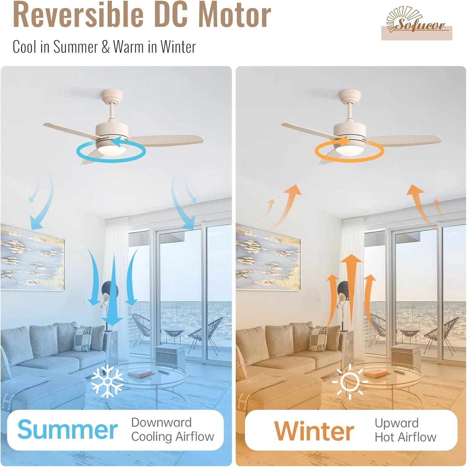 Reversible DC Motor  
Cool in Summer & Warm in Winter  

Summer  
Downward Cooling Airflow  

Winter  
Upward Hot Airflow