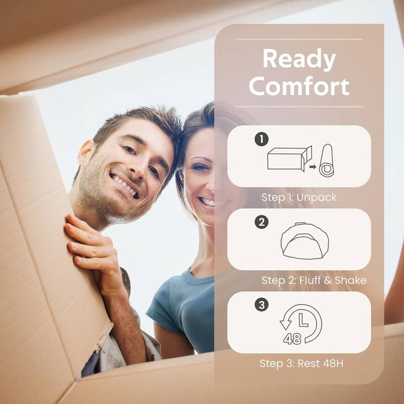 Ready Comfort

1. Step 1: Unpack
2. Step 2: Fluff & Shake
3. Step 3: Rest 48H