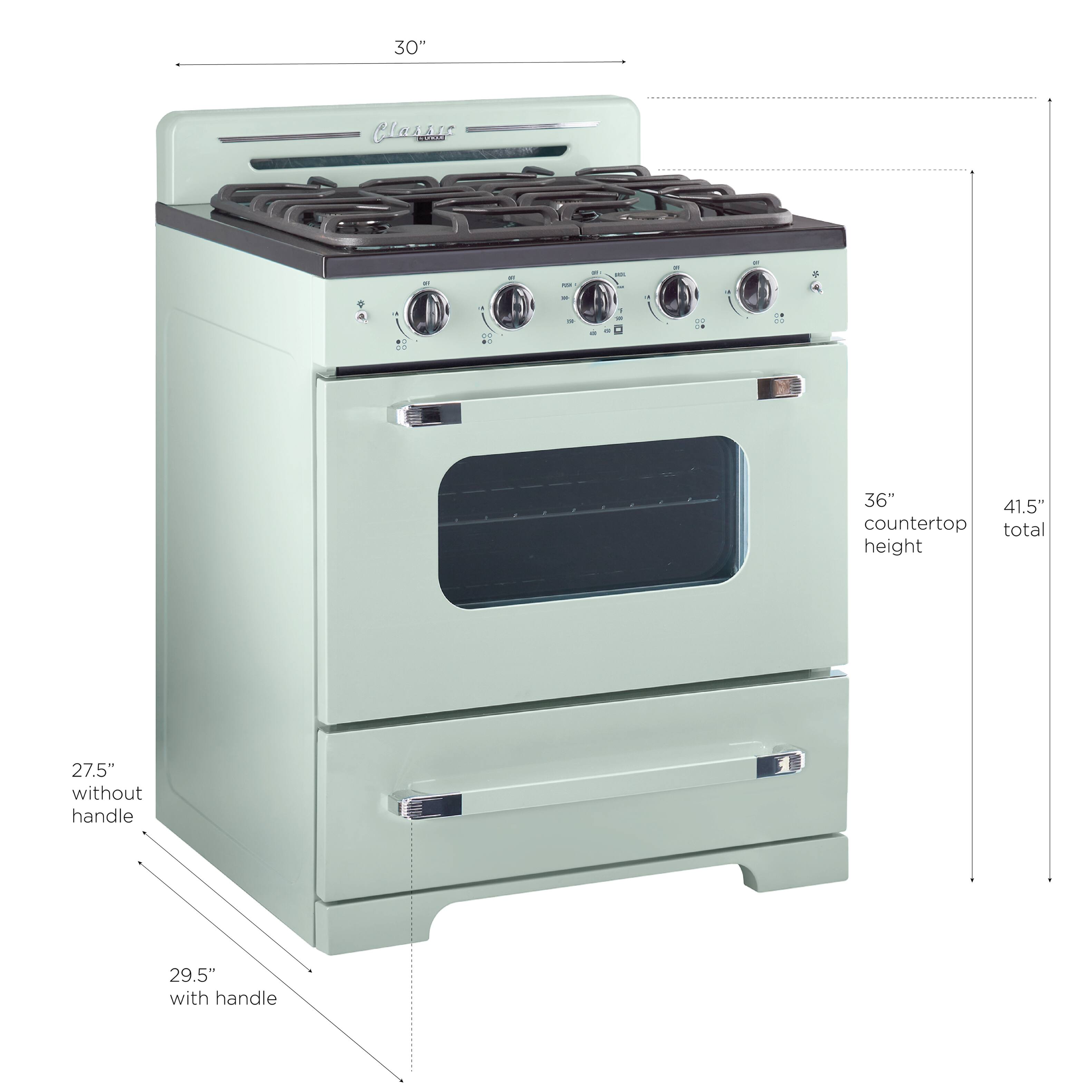 The text on the image reads: "30" Casse Grate C 36" 41.5" countertop total height 27.5" without handle 29.5" with handle." This information is describing the dimensions and features of a stove top oven. The stove top oven is 30 inches in size, and it has a grate that is 36 inches in size. The countertop is 41.5 inches in size, and the total height of the oven is 27.5 inches without the handle, and 29.5 inches with the handle.