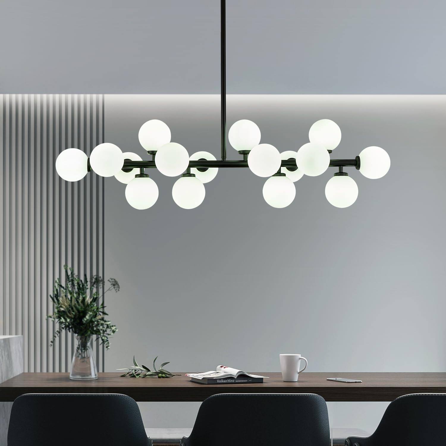 Angle. Siljoy - Sleek Textured Matte Black Linear 16-Light Molecular Chandelier - Black.