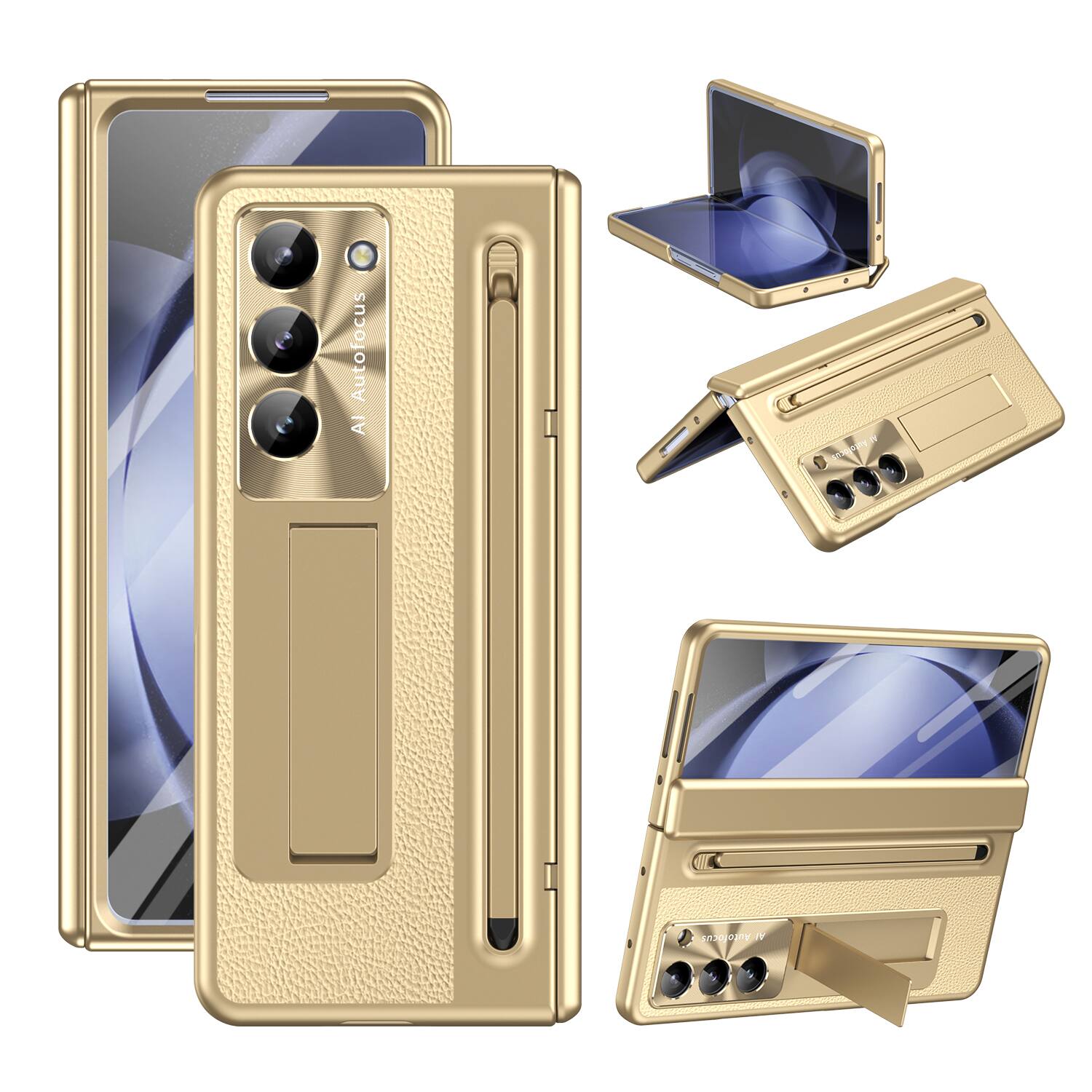 Dteck - Case For Samsung Galaxy Z Fold 6, Luxury Plate Rugged Kickstand Hinge Protection Cover with Front Screen Film+Stylus - Gold