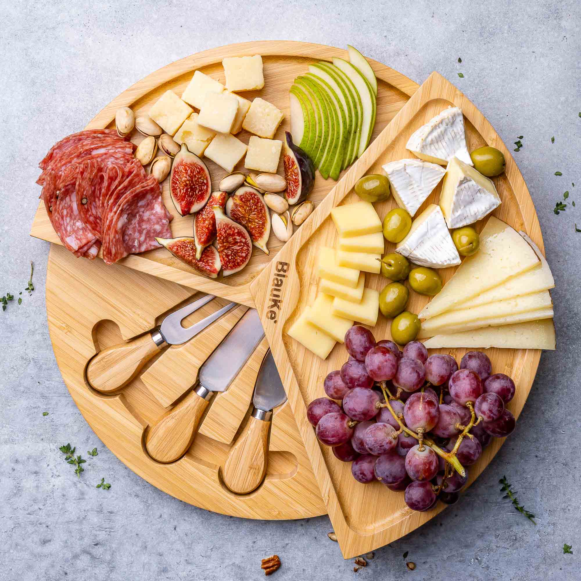 Alt View 4. BlauKe - Bamboo Cheese Board and Knife Set - Charcuterie Board with Slide-Out Drawer - Serving Platter, Serving Tray - Gift Idea - Beige.