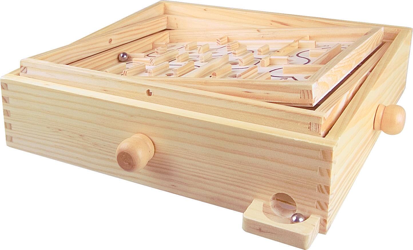 Back. One For Fun - Wooden Labyrinth Maze Puzzle Game, Classic Tilting Ball Balance Board for Kids and Adults - Natural wood.