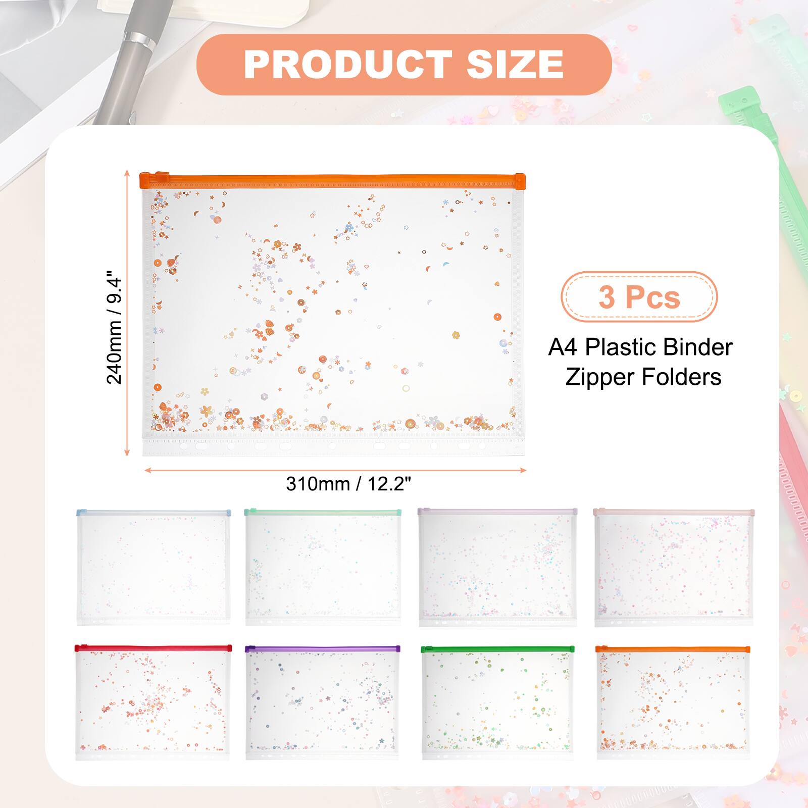 PRODUCT SIZE 9.4" 9 / 240mm 3 Pcs A4 Plastic Binder Zipper Folders 310mm / 12.2"