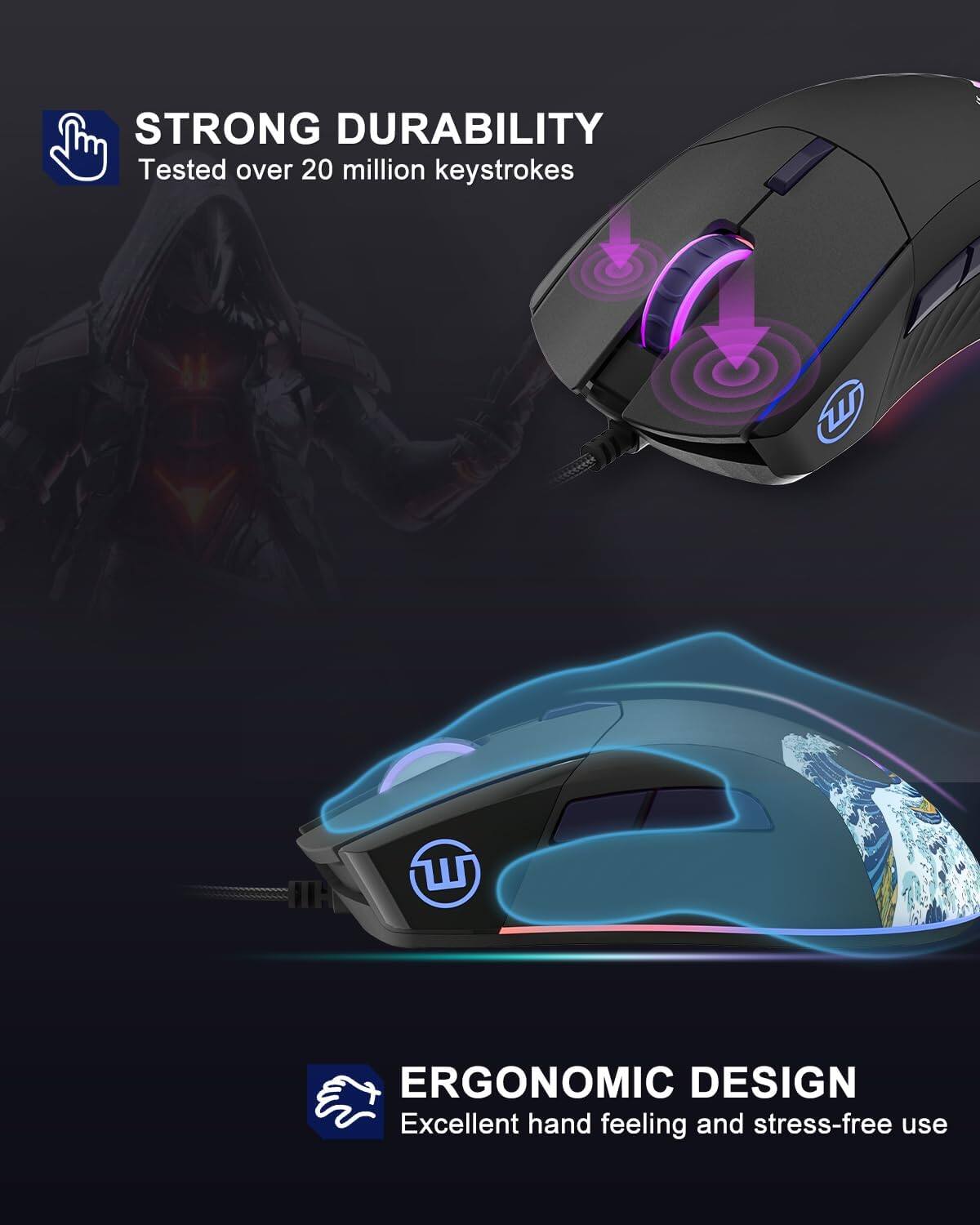 STRONG DURABILITY  
Tested over 20 million keystrokes  

ERGONOMIC DESIGN  
Excellent hand feeling and stress-free use