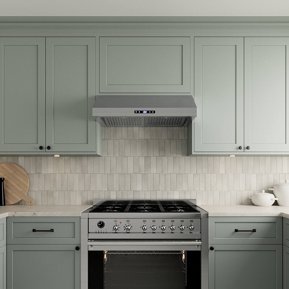 Left. Streamline - 30 in. Andrano Ducted Undermount 406 CFM Range Hood, Baffle Filters, Touchpad Control, LED Lights - Brushed Stainless Steel.