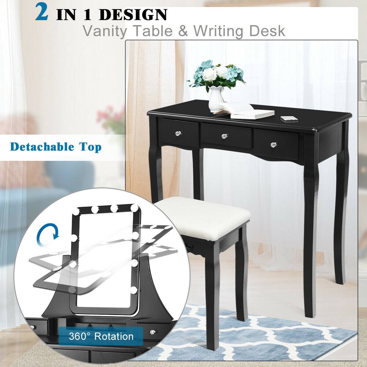 2 IN 1 DESIGN Vanity Table & Writing Desk Detachable Top 360 Rotation