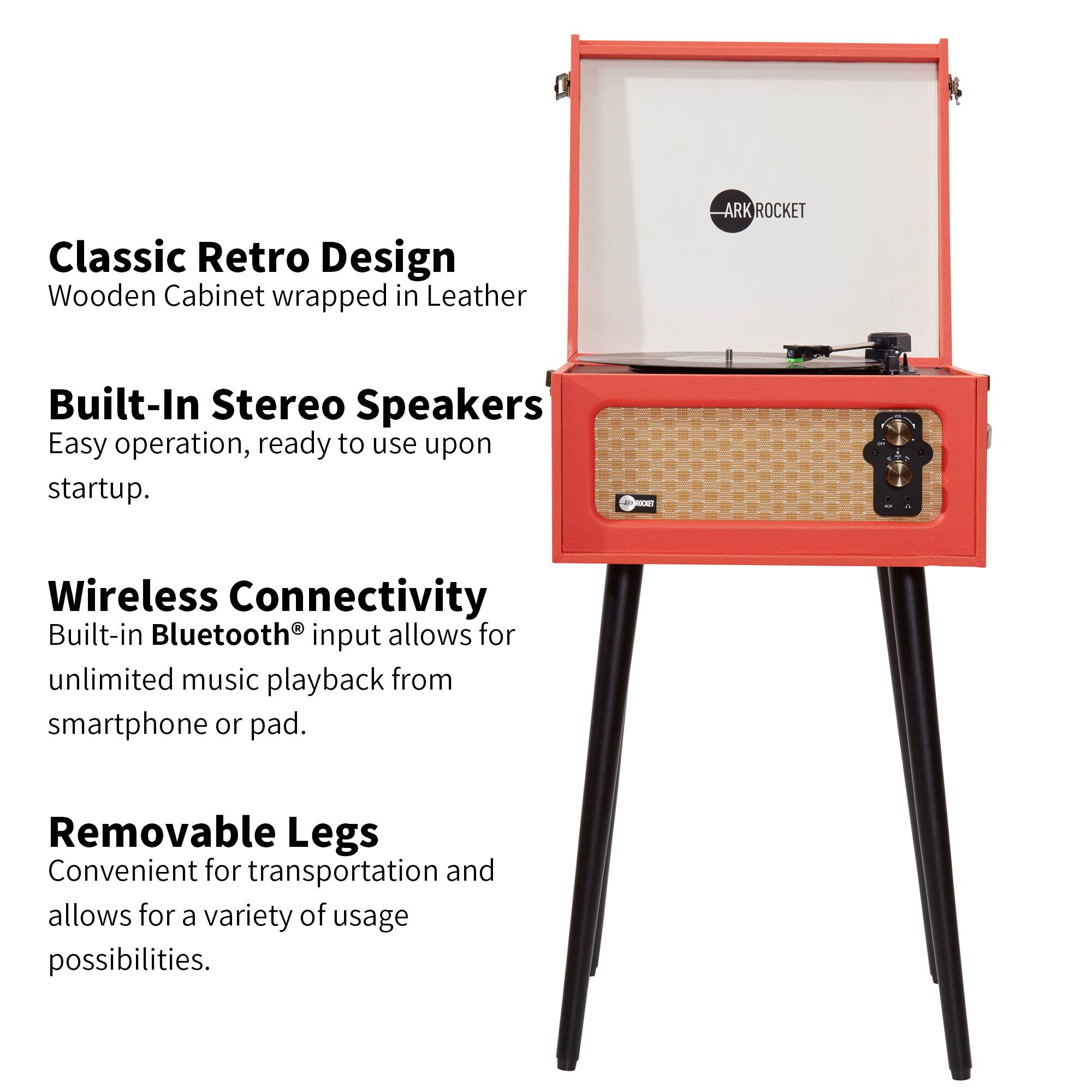 Classic Retro Design  
Wooden Cabinet wrapped in Leather  

Built-In Stereo Speakers  
Easy operation, ready to use upon startup.  

Wireless Connectivity  
Built-in Bluetooth® input allows for unlimited music playback from smartphone or pad.  

Removable Legs  
Convenient for transportation and allows for a variety of usage possibilities.