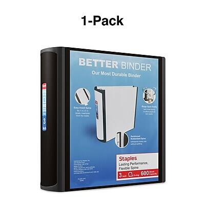 1-Pack  
BETTER BINDER  
Our Most Durable Binder  

Easy to use  
Quick and Easy to Assemble  

Heavy Duty  
Durable and Long Lasting  

Staples  
Lasting Performance, Flexible Spine  
3 Rings  
600 Sheets