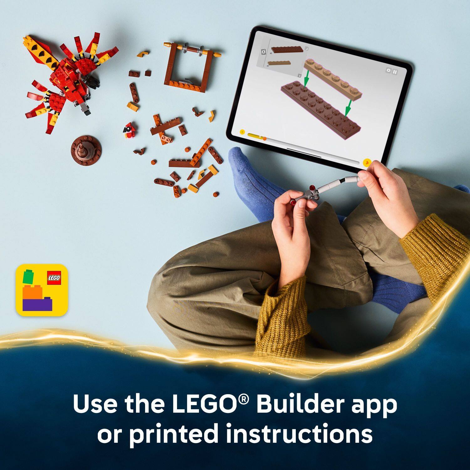 Use the LEGO® Builder app or printed instructions.