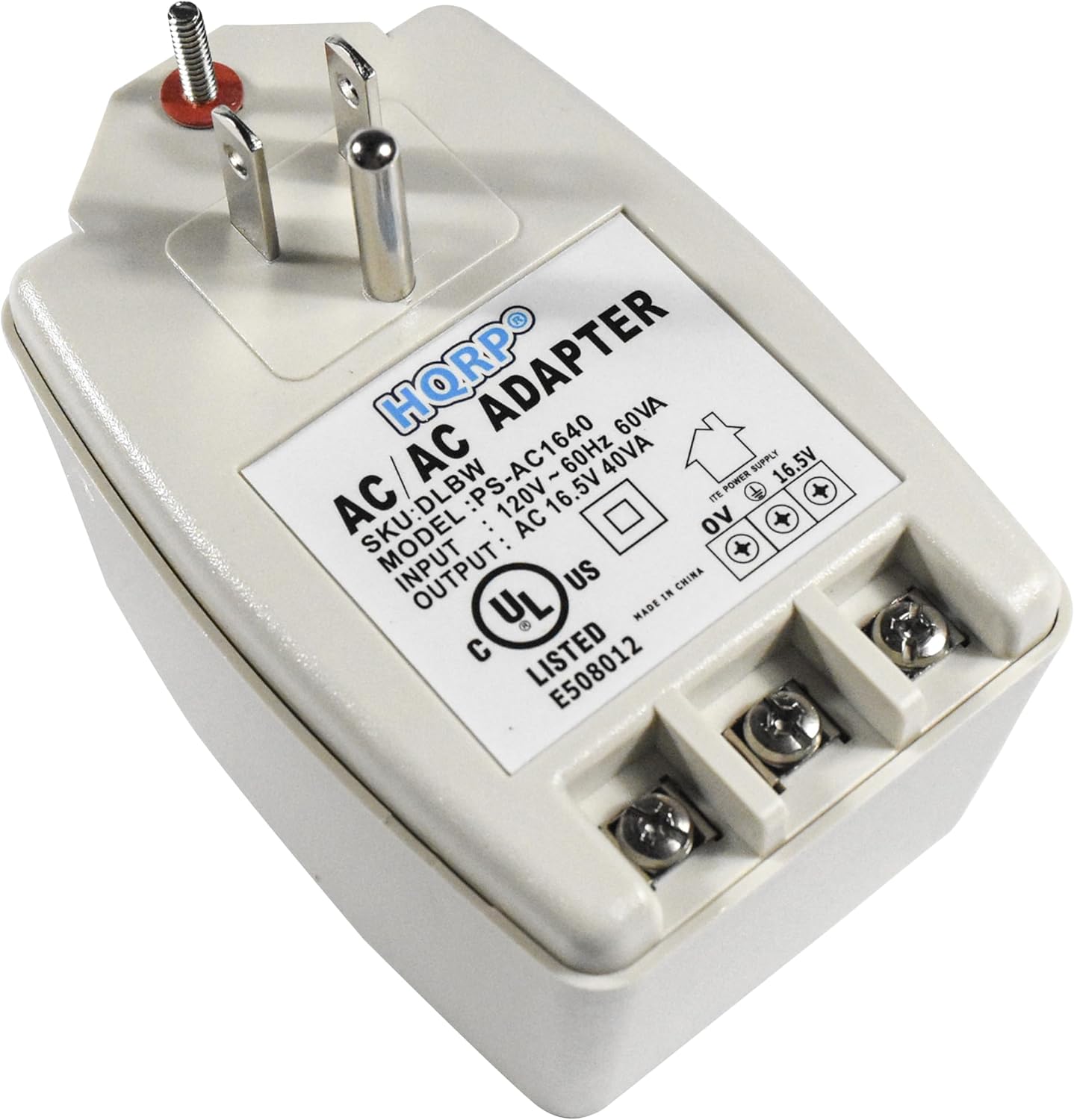 HQRP ADAPTER 60VA AC: PS-AC1640 - 60Hz 40VA POWER SUPPLY 16.5V AC 120V 16.5V ITE + + SKU: DLBW MODEL: AC vo + + INPUT US IN CHINA YL 8 MADE LISTED E508012