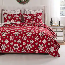 BreeBe - Snowflakes Quilt Set 3-Piece Full/Queen - Red