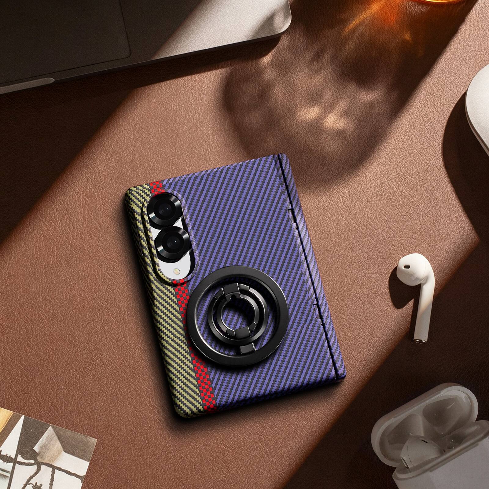 Angle. Dteck - Strong Magnetic Case for Samsung Galaxy Z Fold 8 with Removable Ring Stand, Full Hinge Protection with Screen Cover - Purple.