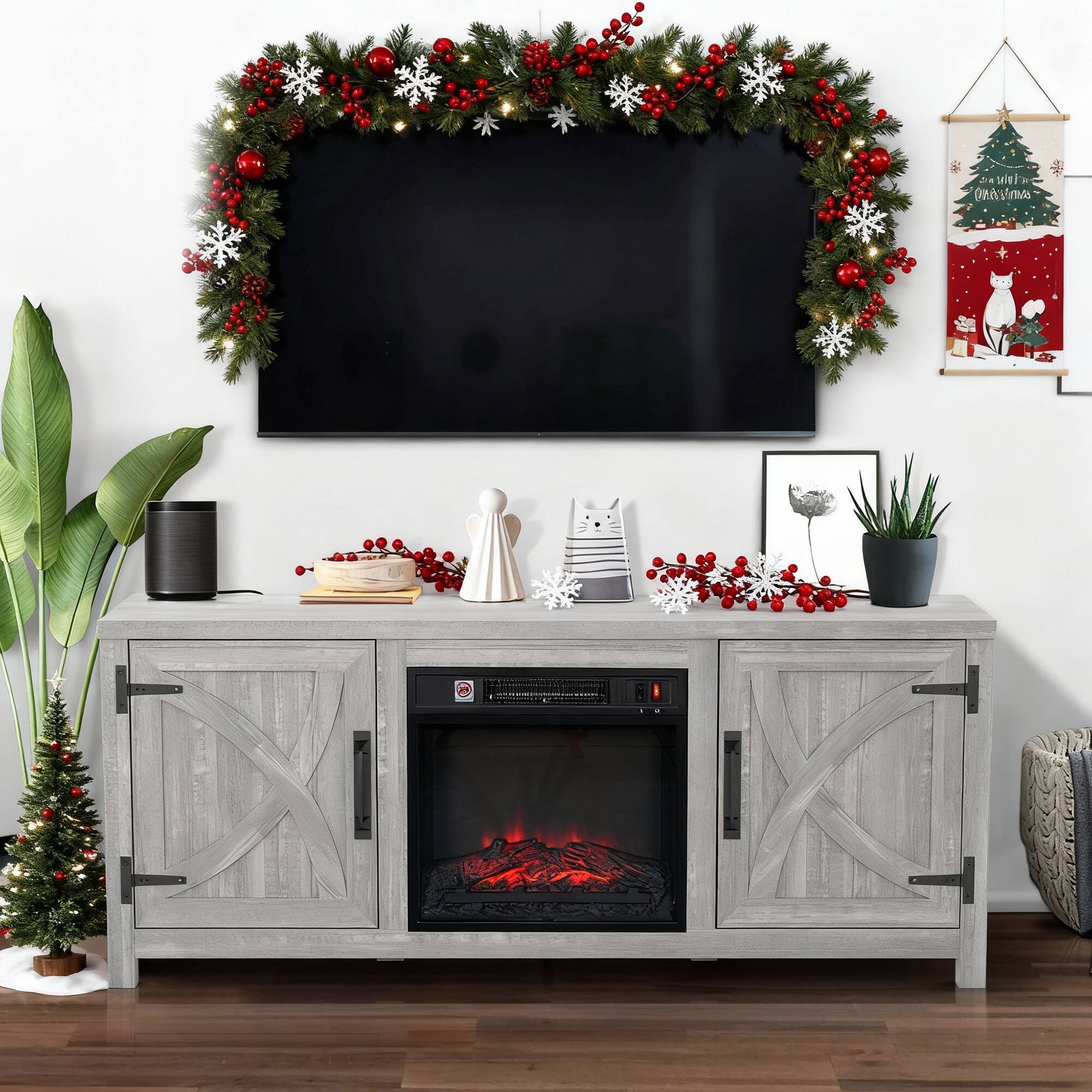 Front. Ihomeadore - 58" Farmhouse TV Stand for TV up to 65" with Electric Fireplace - Gray.