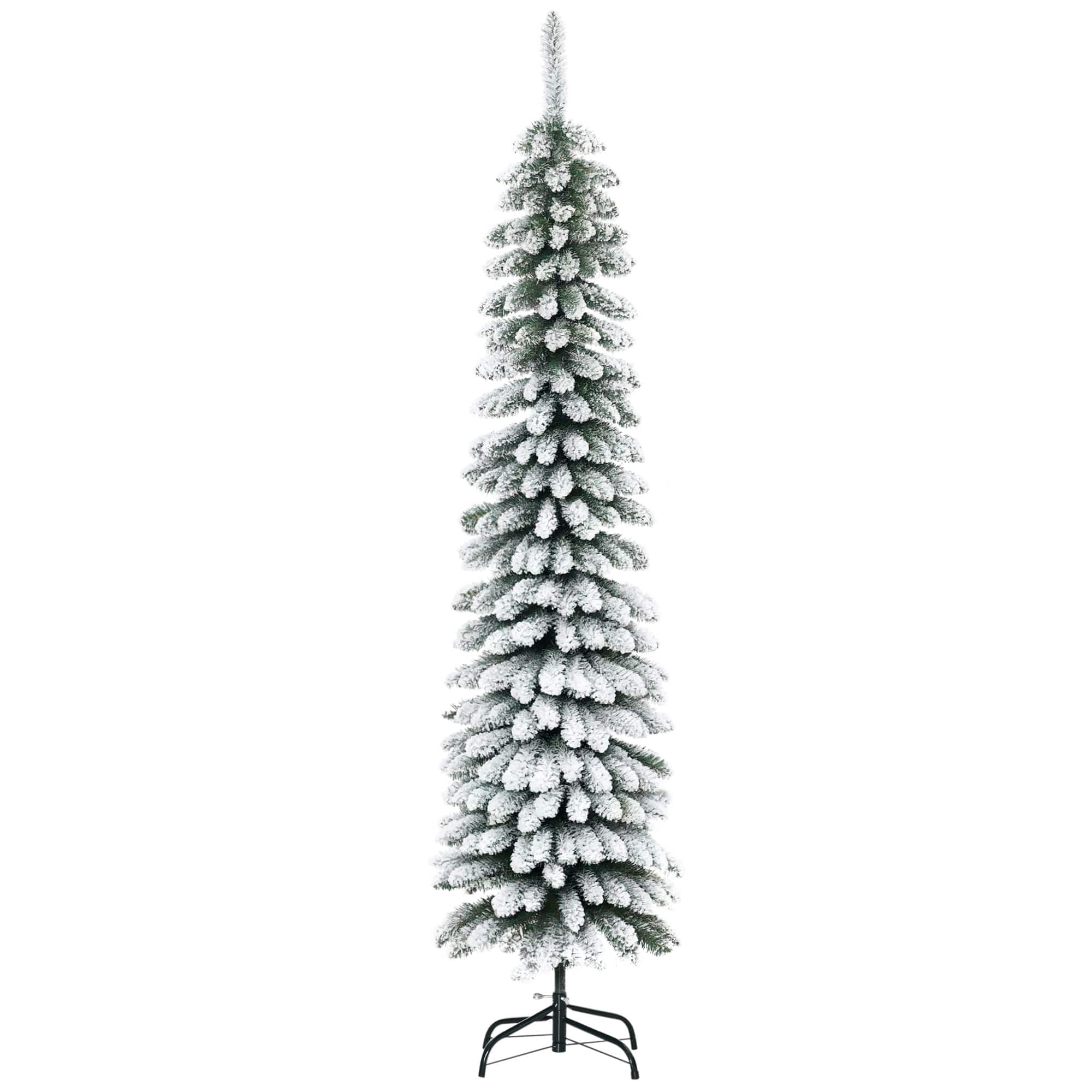 Homcom - 6ft Slim Unlit Snow Flocked Pencil Christmas Tree, Realistic Branches 395 Tips - Green