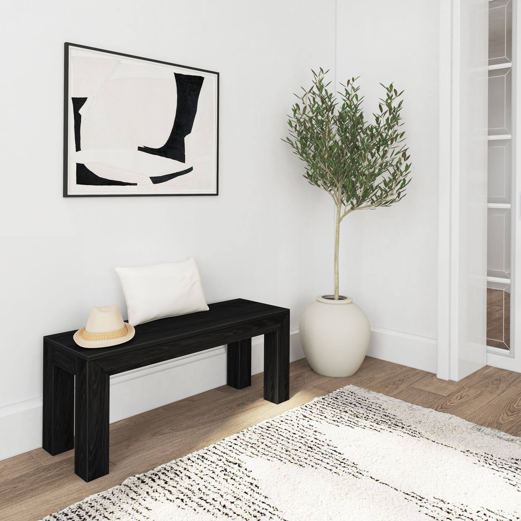Alt View 3. Plank+Beam - Modern Dining Room Bench (49in / 1244mm), Black Wirebrush - Black Wirebrush.