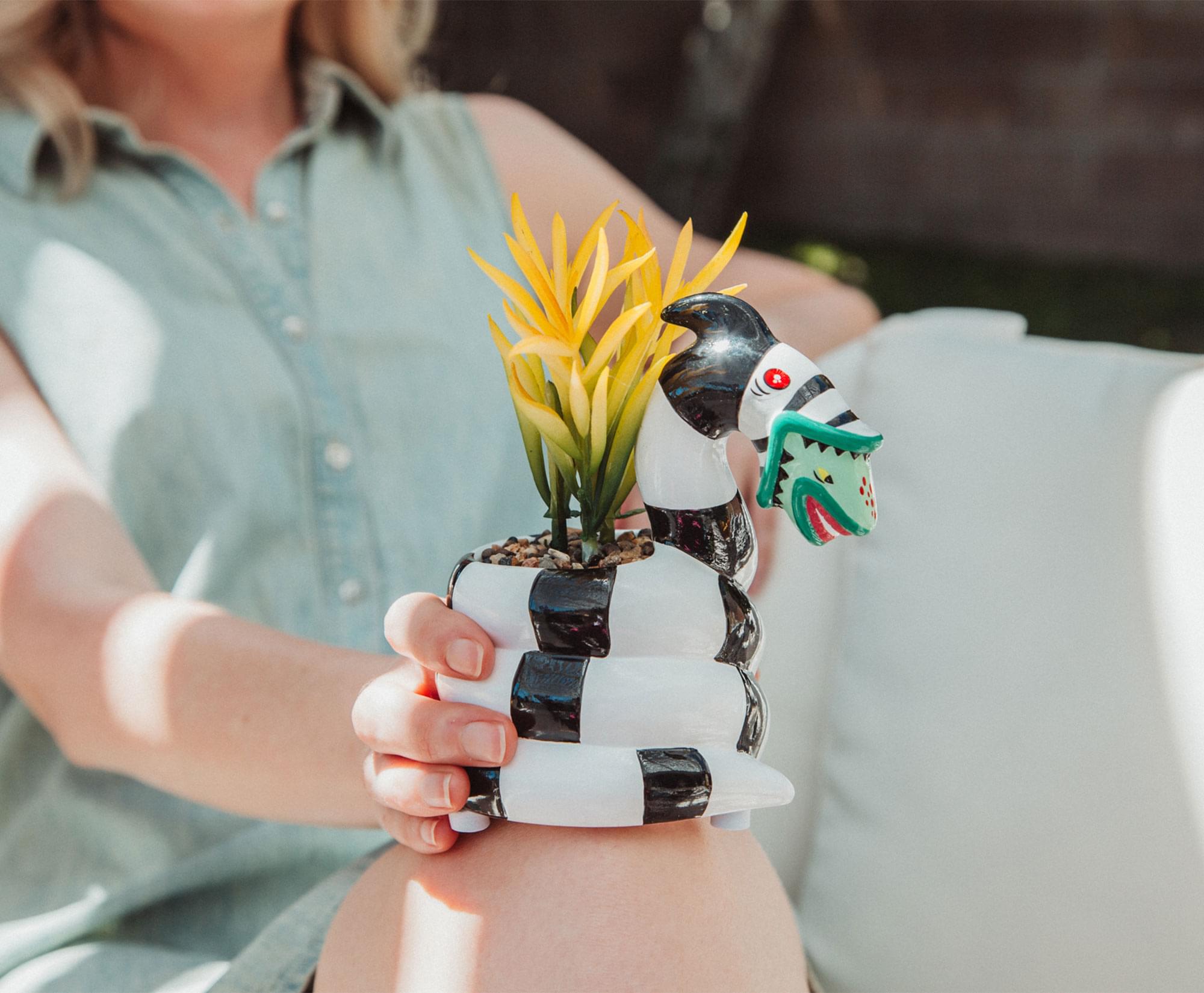 Alt View 5. Silver Buffalo - Beetlejuice Sandworm 6-Inch Ceramic Planter With Artificial Succulent - White.