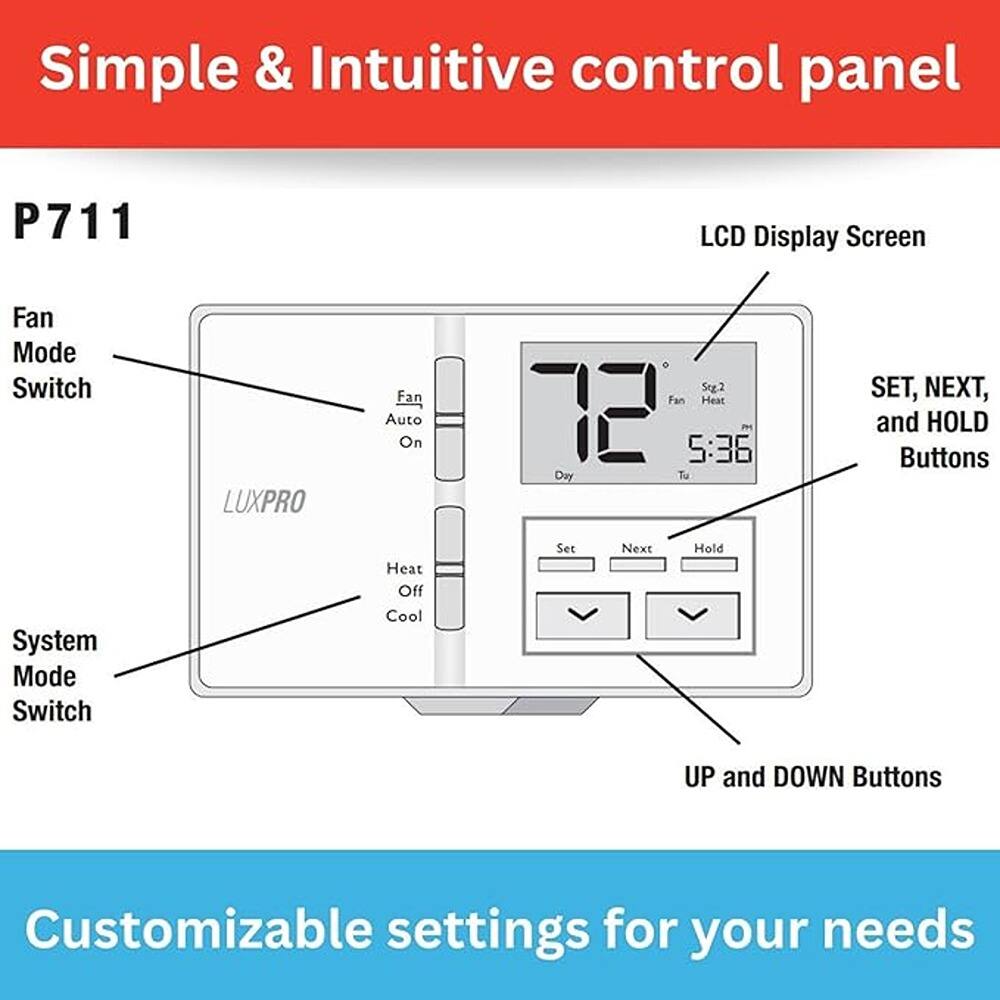 Simple & Intuitive control panel

P711

- Fan Mode Switch
- System Mode Switch
- LCD Display Screen
- SET, NEXT, and HOLD Buttons
- UP and DOWN Buttons

Customizable settings for your needs