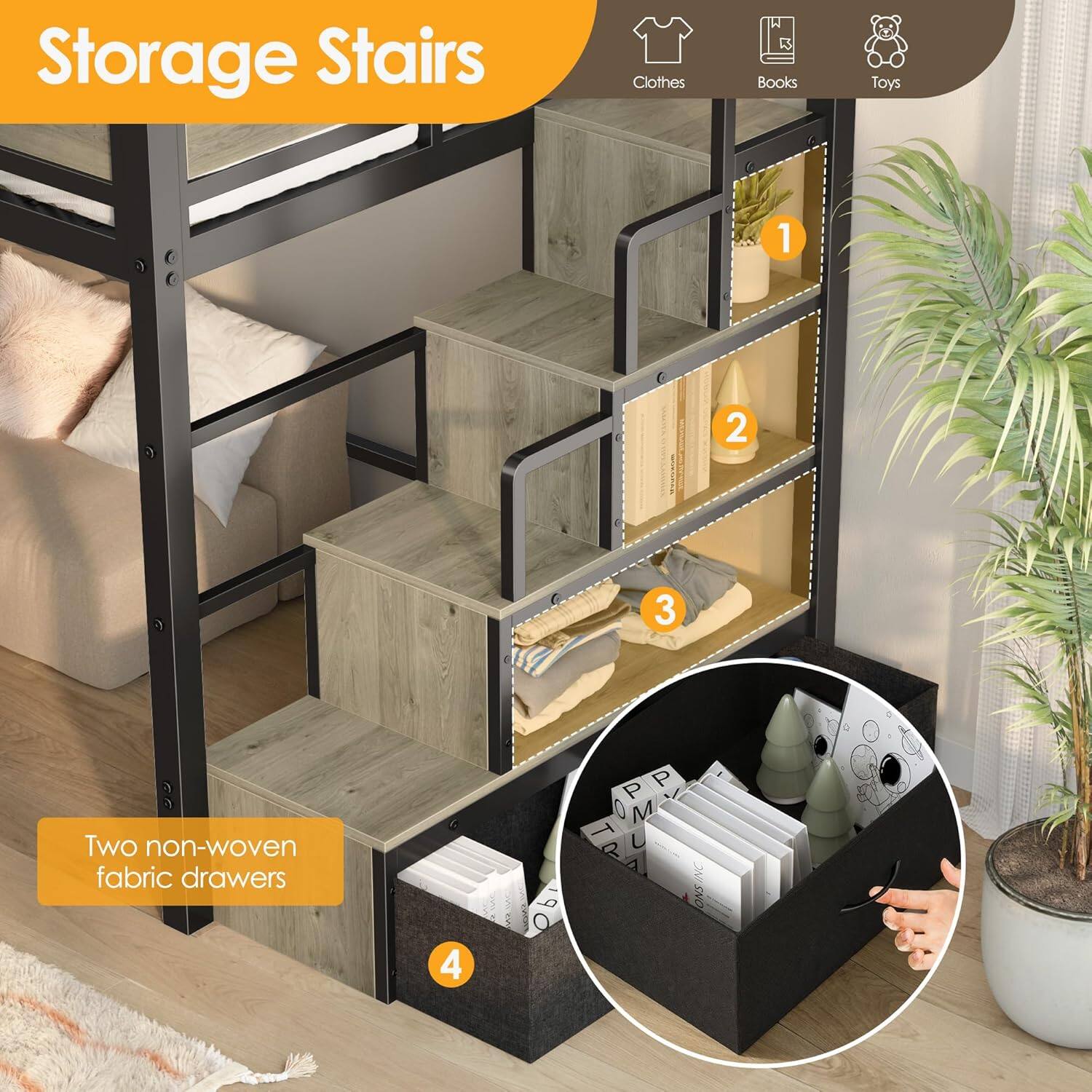 Storage Stairs

1. Clothes
2. Books
3. Toys

Two non-woven fabric drawers

4.