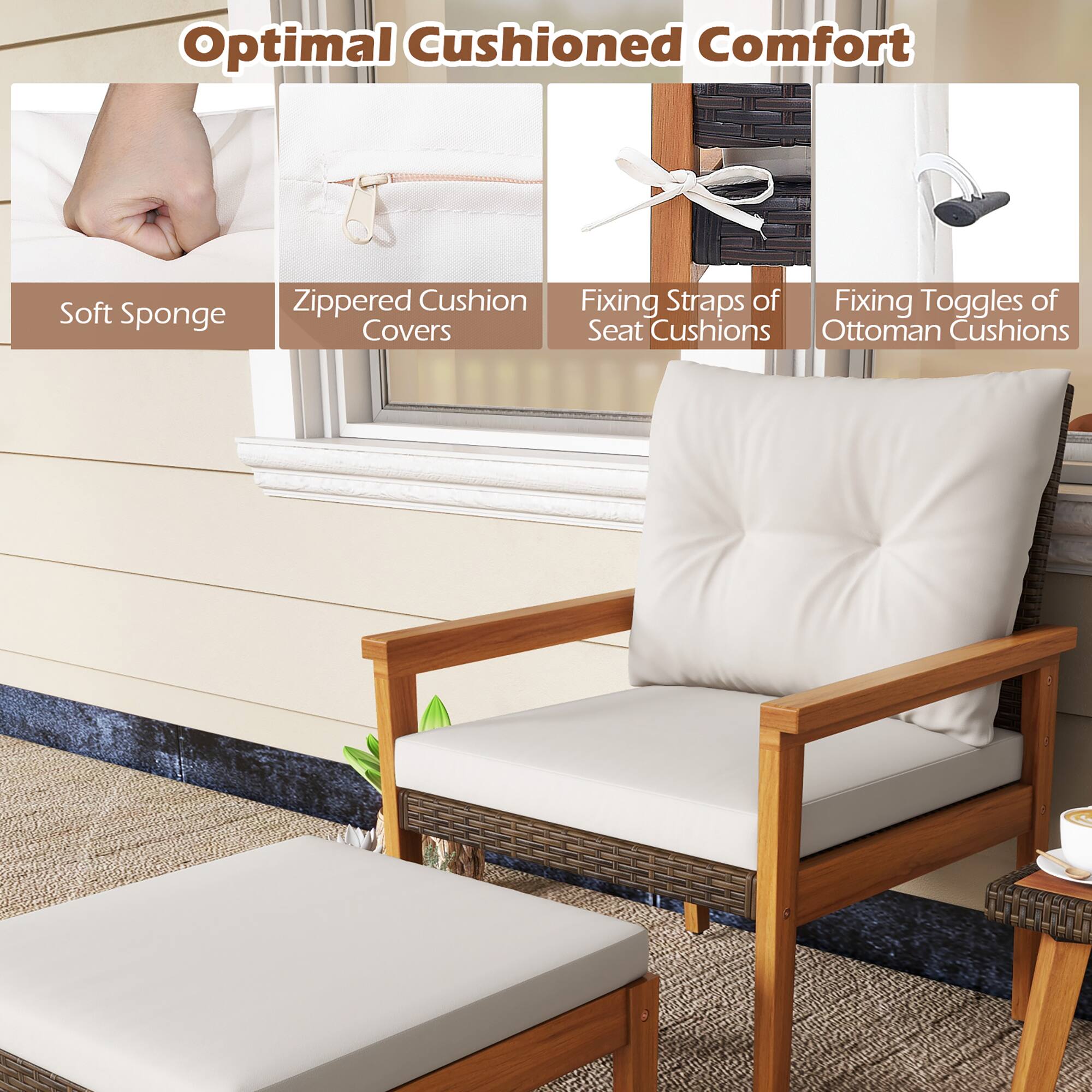 Optimal Cushioned Comfort: Soft Sponge, Zippered Cushion, Fixing Straps of Fixing Toggles of Covers, Seat Cushions, Ottoman Cushions.