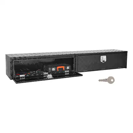 Front. VEVOR - Truck Tool Box, 88 x 16 x 13 Inch,Black Aluminum Tread Topsider Toolbox with Dual Drop Doors,Heavy Duty Lockable Storage - Black.