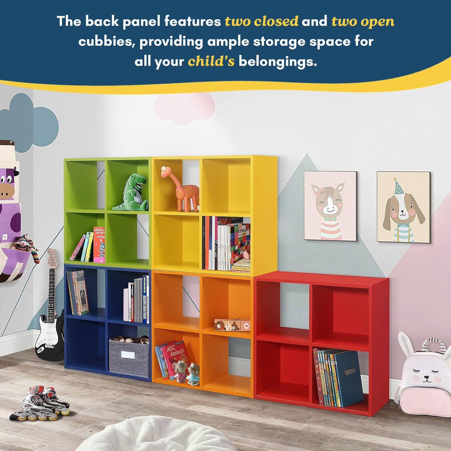 The back panel features two closed and two open cubbies, providing ample storage space for all your child's belongings.