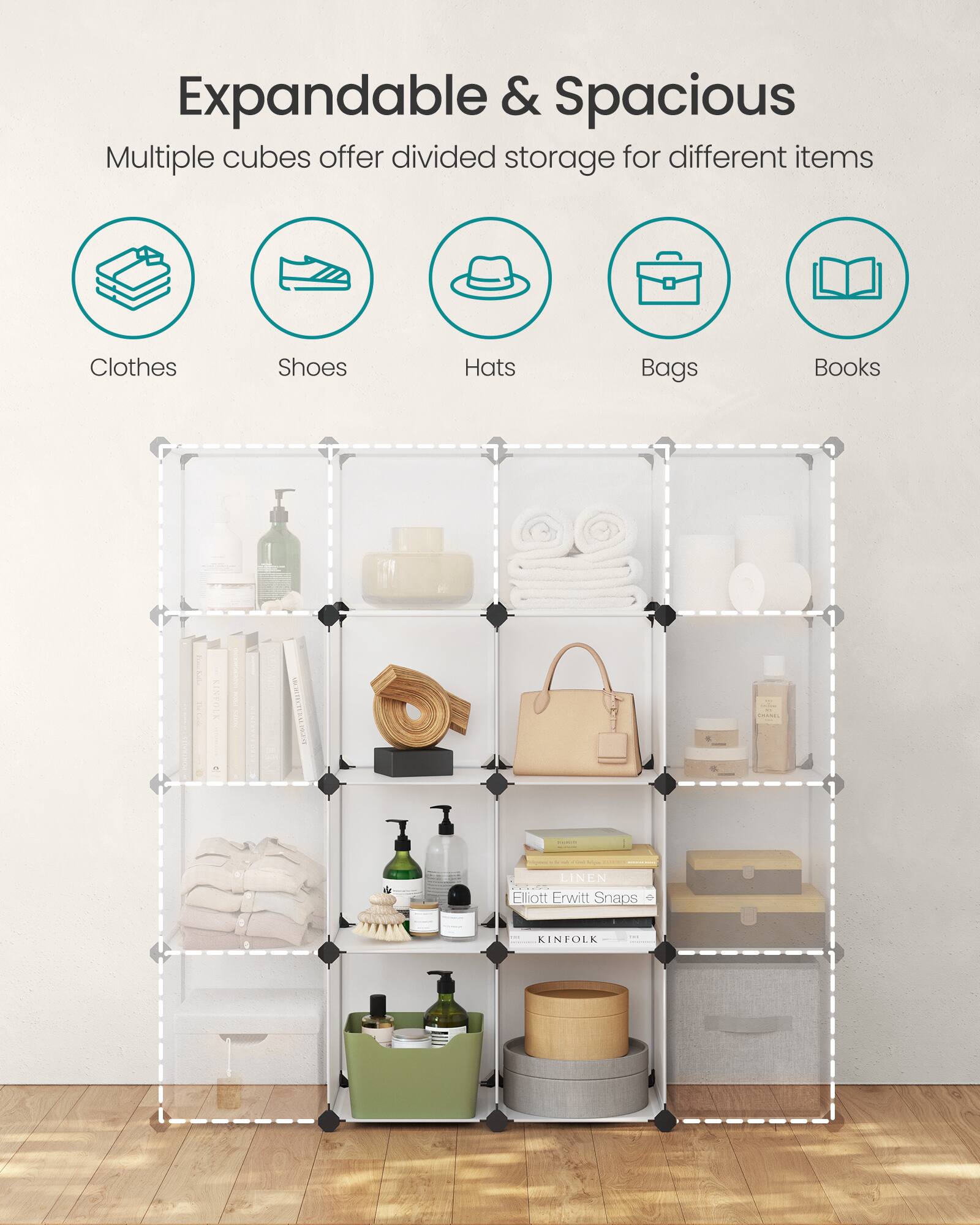 Expandable & Spacious  
Multiple cubes offer divided storage for different items  
Clothes  
Shoes  
Hats  
Bags  
Books  

LINEN  
Elliott Erwitt Snaps  
KINFOLK