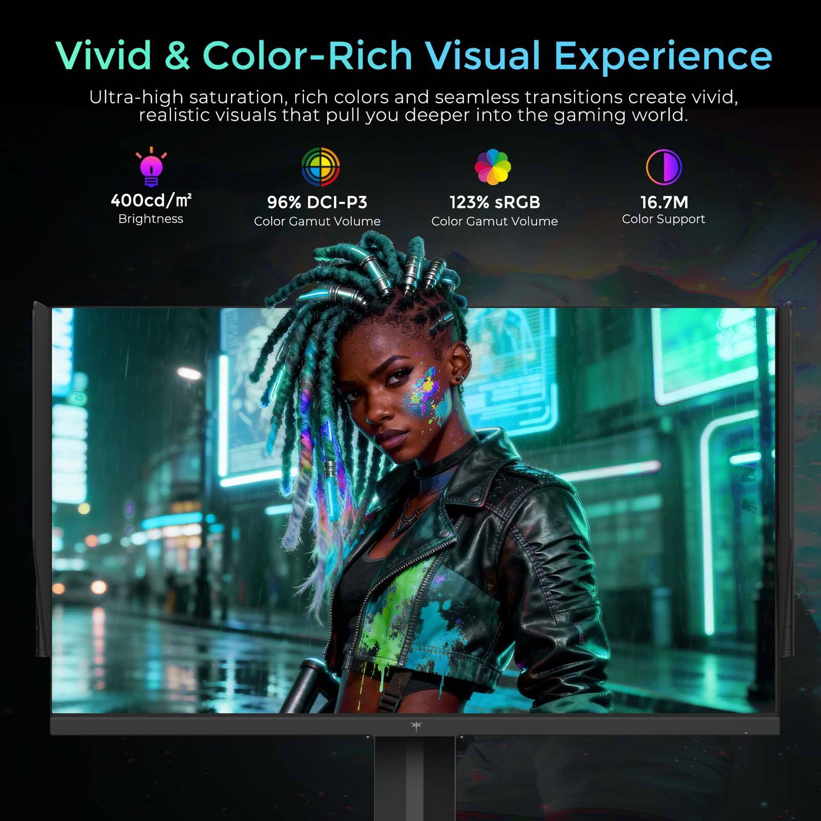Vivid & Color-Rich Visual Experience

Ultra-high saturation, rich colors and seamless transitions create vivid, realistic visuals that pull you deeper into the gaming world.

- 400cd/m² Brightness
- 96% DCI-P3 Color Gamut Volume
- 123% sRGB Color Gamut Volume
- 16.7M Color Support
