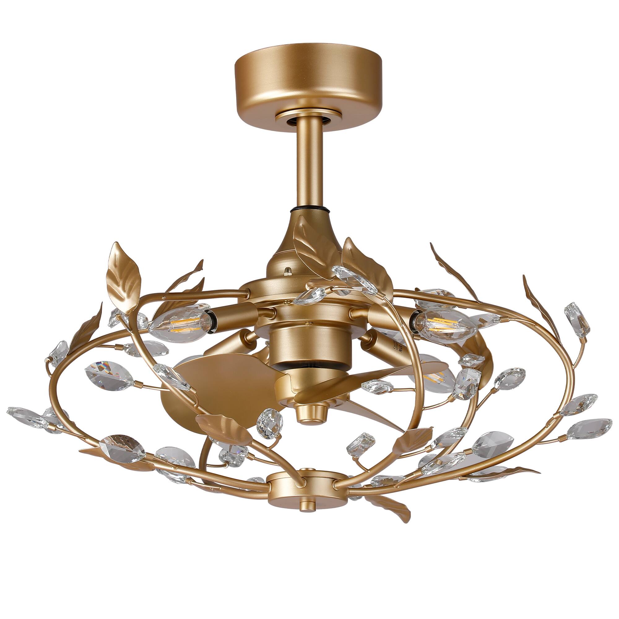 Alt View 6. Parrot Uncle - 24" French Elegant Gold Crystal Leaf Fandelier Ceiling Fan with Remote - Gold.