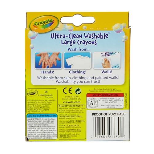 Crayola Ultra-Clean Washable Large Crayons Wash from...
Hands! Clothing! Walls! Washable from skin, clothing and painted walls! Washability you can trust!
Contents tre Plema
Company SMAR 52/3280 Coder 52-3280-0-217 2014 Crayola, PA by crayola.com QUALITY GUARANTEE Bedford Manton Bedford MX41 7714 U.S. 6.039.797 WASHING INFORMATION -800-CRAYOLA FOR 1238 RESULTS 9 PM in AM-5
SAFETY INFORMATION ALL CRAYOLA ART MATERIALS AP ARE NONTOXIC ANSI 2356 PROOF OF PURCHASE
ADVISEMENT  10 crayon UN hot water
With
0180071 657-357 AEST
0
71662 03280
7