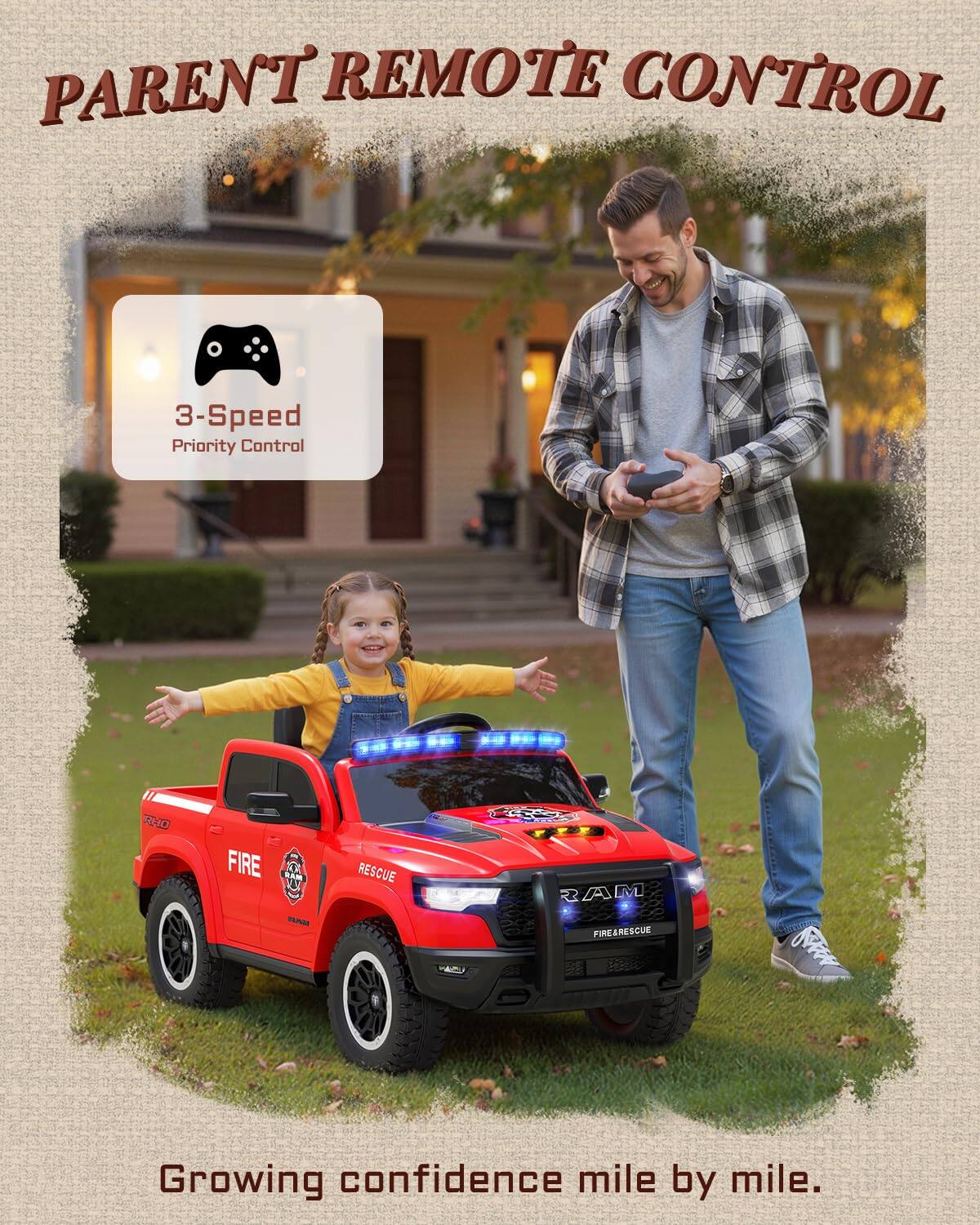 PARENT REMOTE CONTROL  
3-Speed Priority Control  
FIRE DE TUNE RESCUE RAM FINELRESCUE FIRE  
Growing confidence mile by mile.