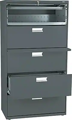 Front. HON - Brigade 600 Series Lateral File Cabinet, A4/Legal/Letter, 5-Drawer, Charcoal, 19 1/4"D (685LS) - Charcoal.