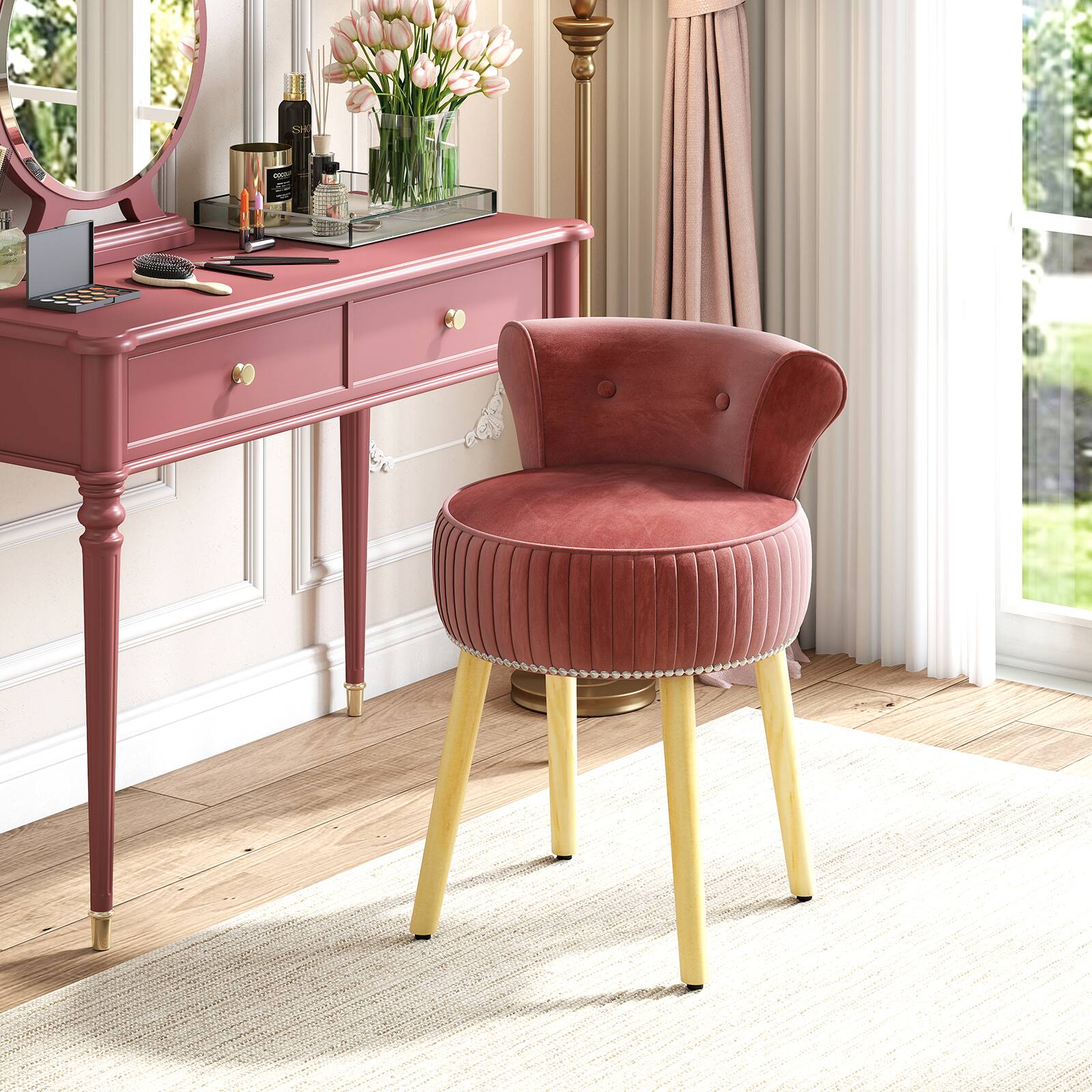 Alt View 4. Gymax - Gymax Velvet Vanity Chair w/ Back Tufted Low Back & Solid Wood Legs for Bedroom Pink - Pink.