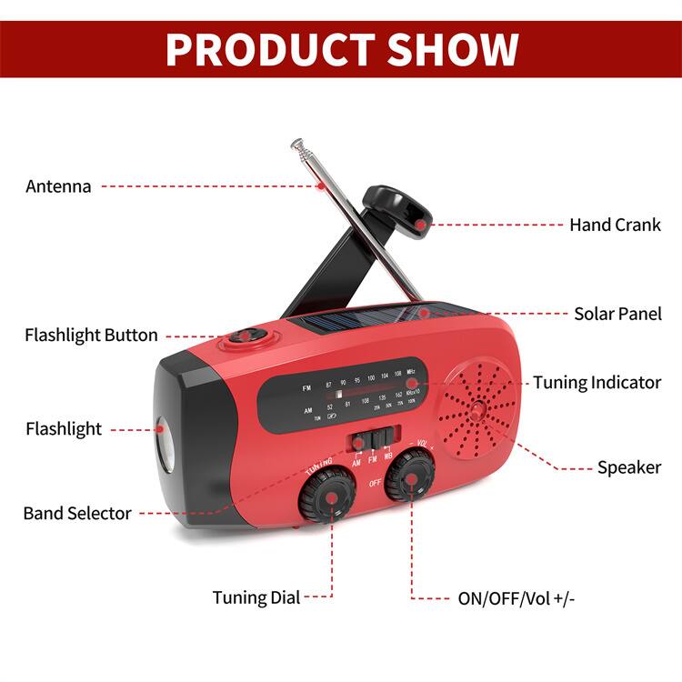 PRODUCT SHOW

- Antenna
- Hand Crank
- Solar Panel
- Flashlight Button
- Flashlight
- Band Selector
- Tuning Dial
- Tuning Indicator
- Speaker
- ON/OFF/Vol +/-
- AM/FM
- Volume Control
