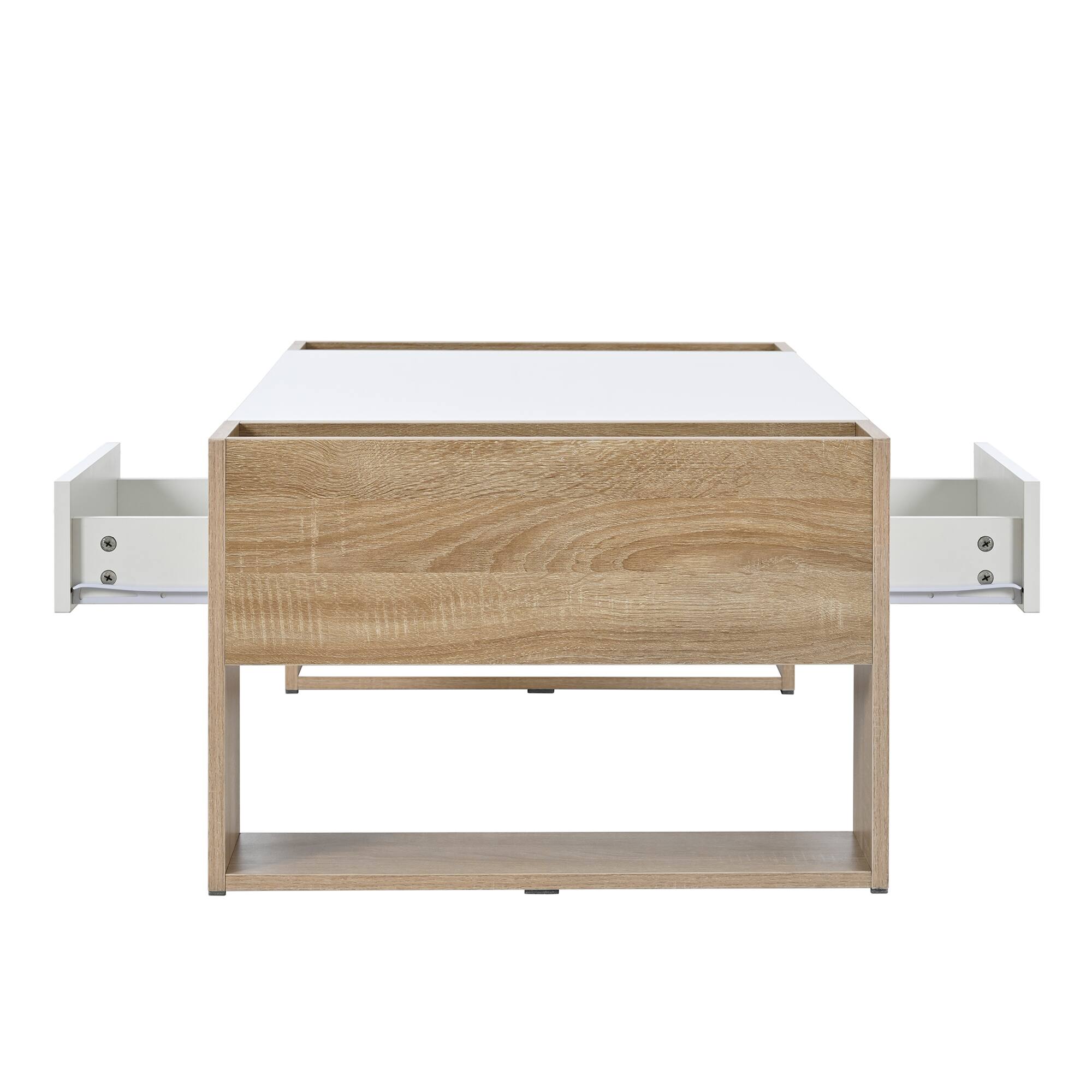 Alt View 8. Tiramisubest - High Glossy Coffee Table with 2 Drawers,Practical Two Tone Center Table with Hidden Compartments,Open Shelf,White - White+Natural.