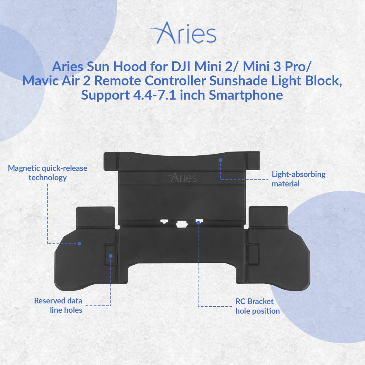 Aries Sun Hood for DJI Mini 2/ Mini 3 Pro/ Mavic Air 2 Remote Controller Sunshade Light Block, Support 4.4-7.1 inch Smartphone

- Magnetic quick-release technology
- Light-absorbing material
- Reserved data line holes
- RC Bracket hole position