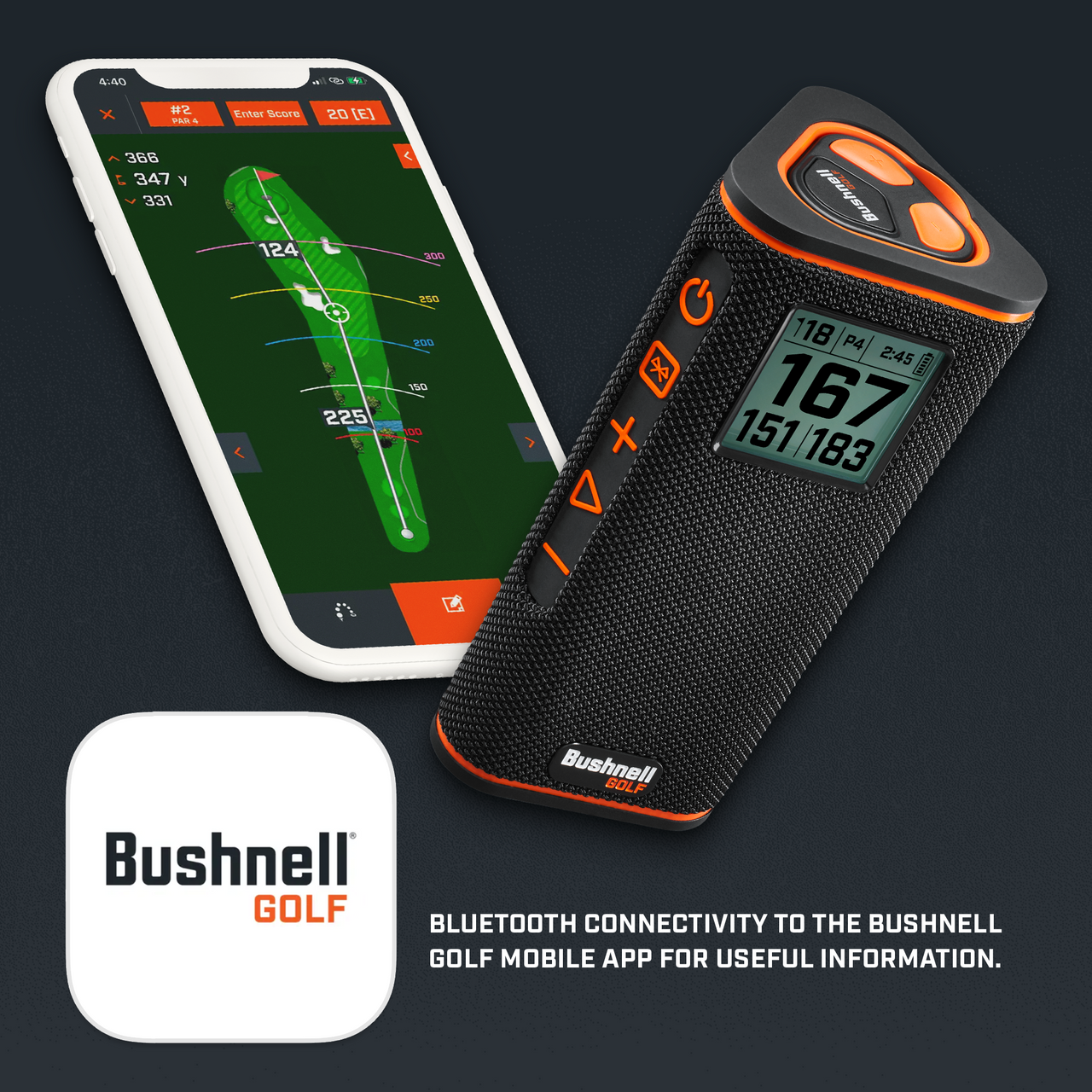 Bushnell Golf is a company that offers a Bluetooth golf device that connects to the Bushnell Golf mobile app for useful information. The device is designed to provide golfers with valuable data, such as distance and swing analysis, to help them improve their game. The image features a cell phone and a golf club, showcasing the compatibility of the Bushnell Golf device with golfing equipment.