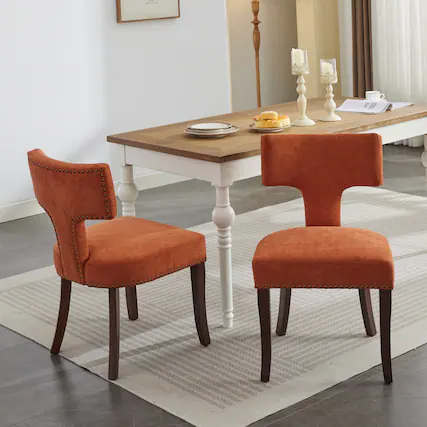 Front. GOODSILO - Modern Dining Chairs Set of Two with Curved Backrest and Upholstered Fabric Seating - Orange.