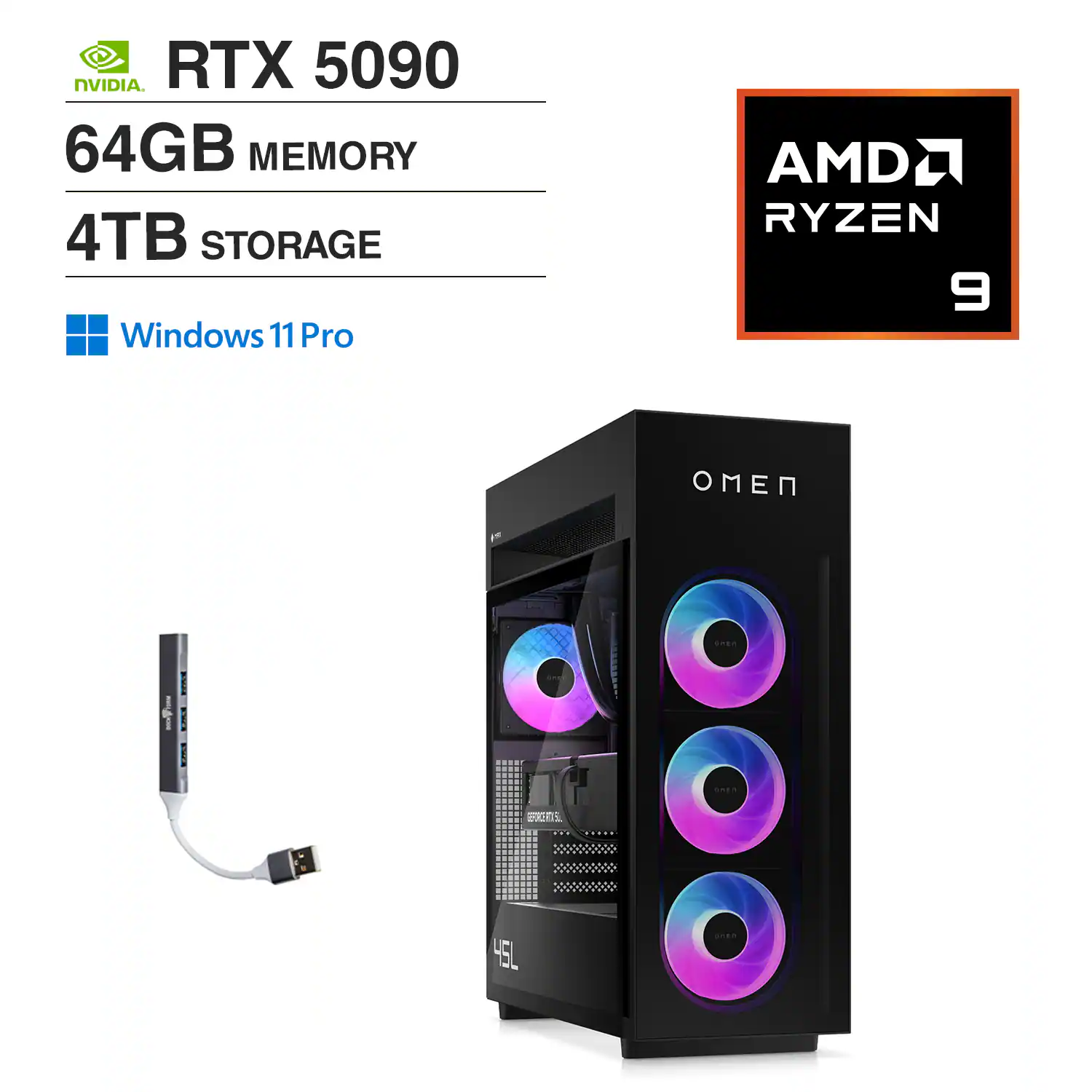 HP - OMEN MAX 45L Desktop PC (Ryzen 9 9900X3D, 64GB, 4TB SSD, GeForce RTX 5090, WiFi 7, Win 11 Pro) w/USB Hub - Shadow Black